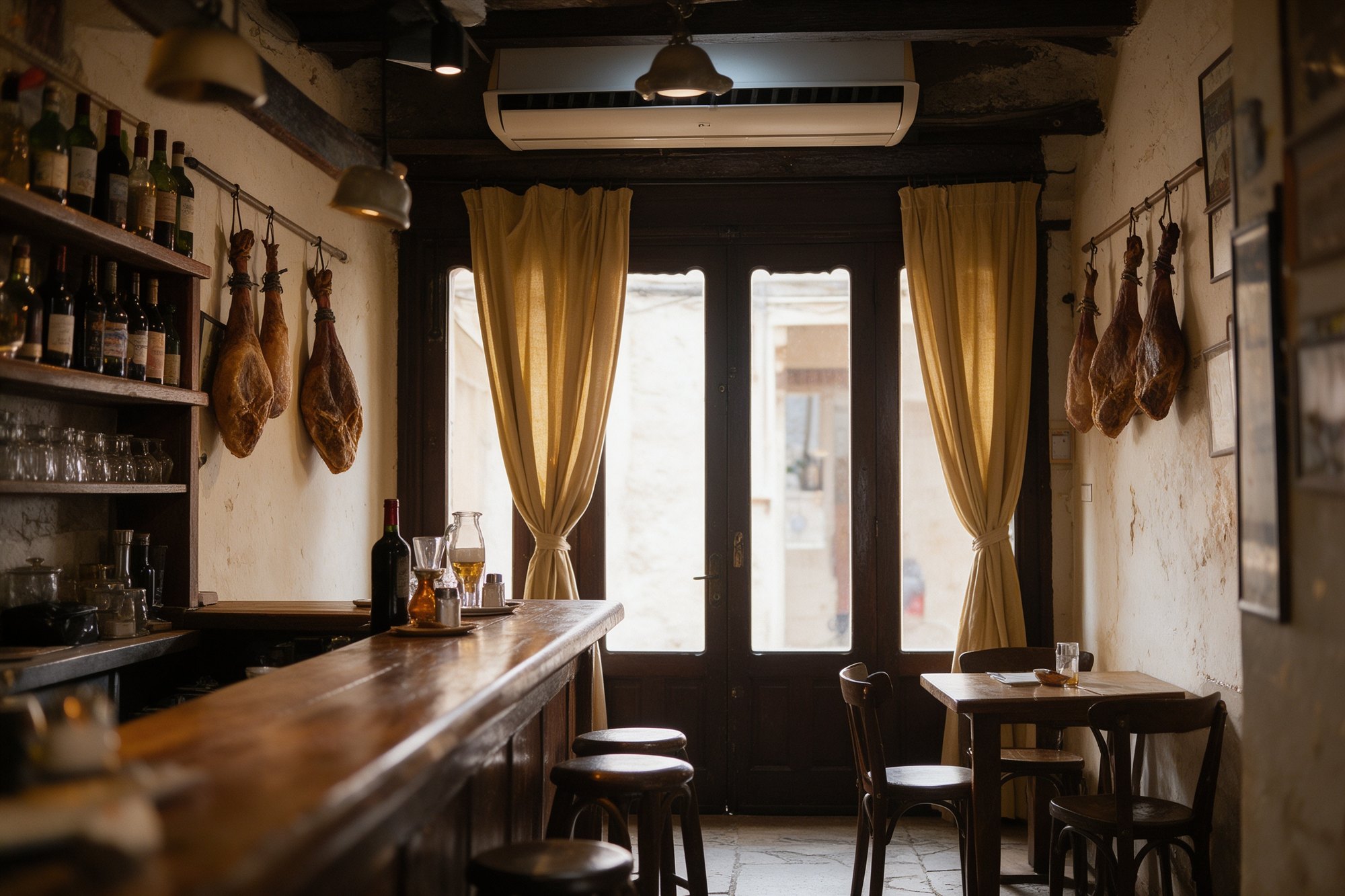 Interior de la taberna con barra de madera, jamones colgados y botellas