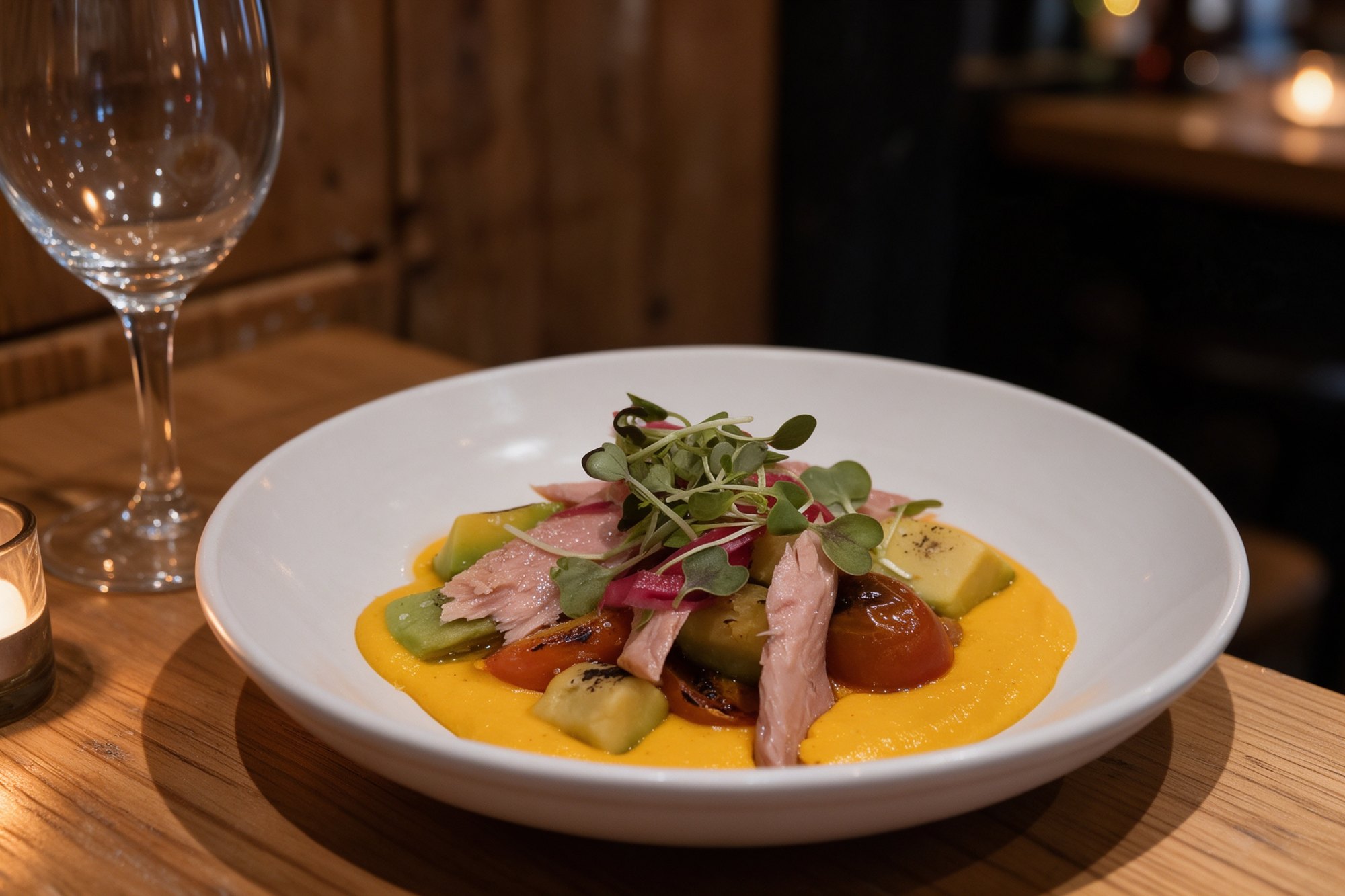 Copa de vino y plato sobre la mesa de madera con luz cálida