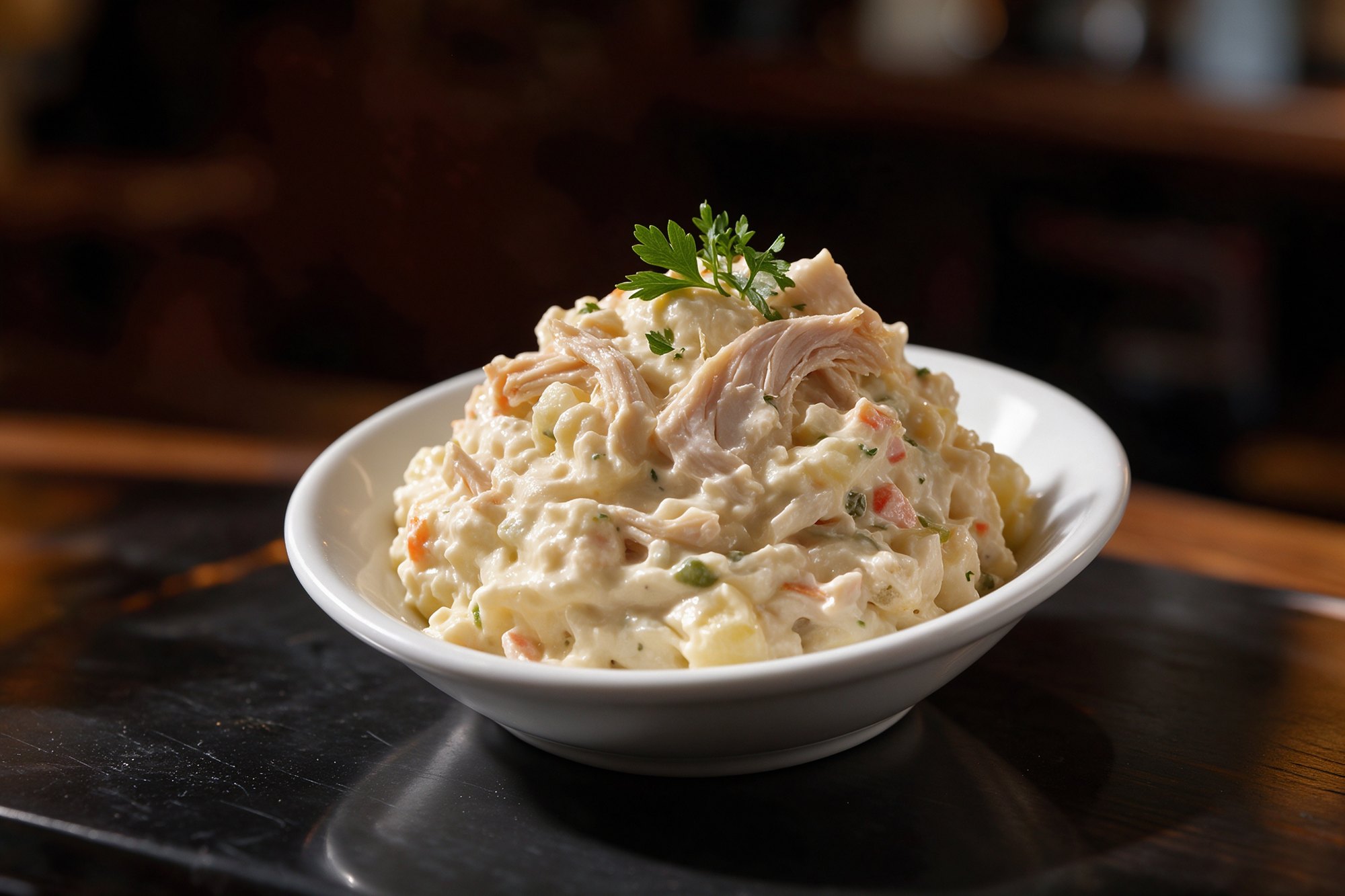 Ensaladilla cremosa de pollo asado en un cuenco blanco