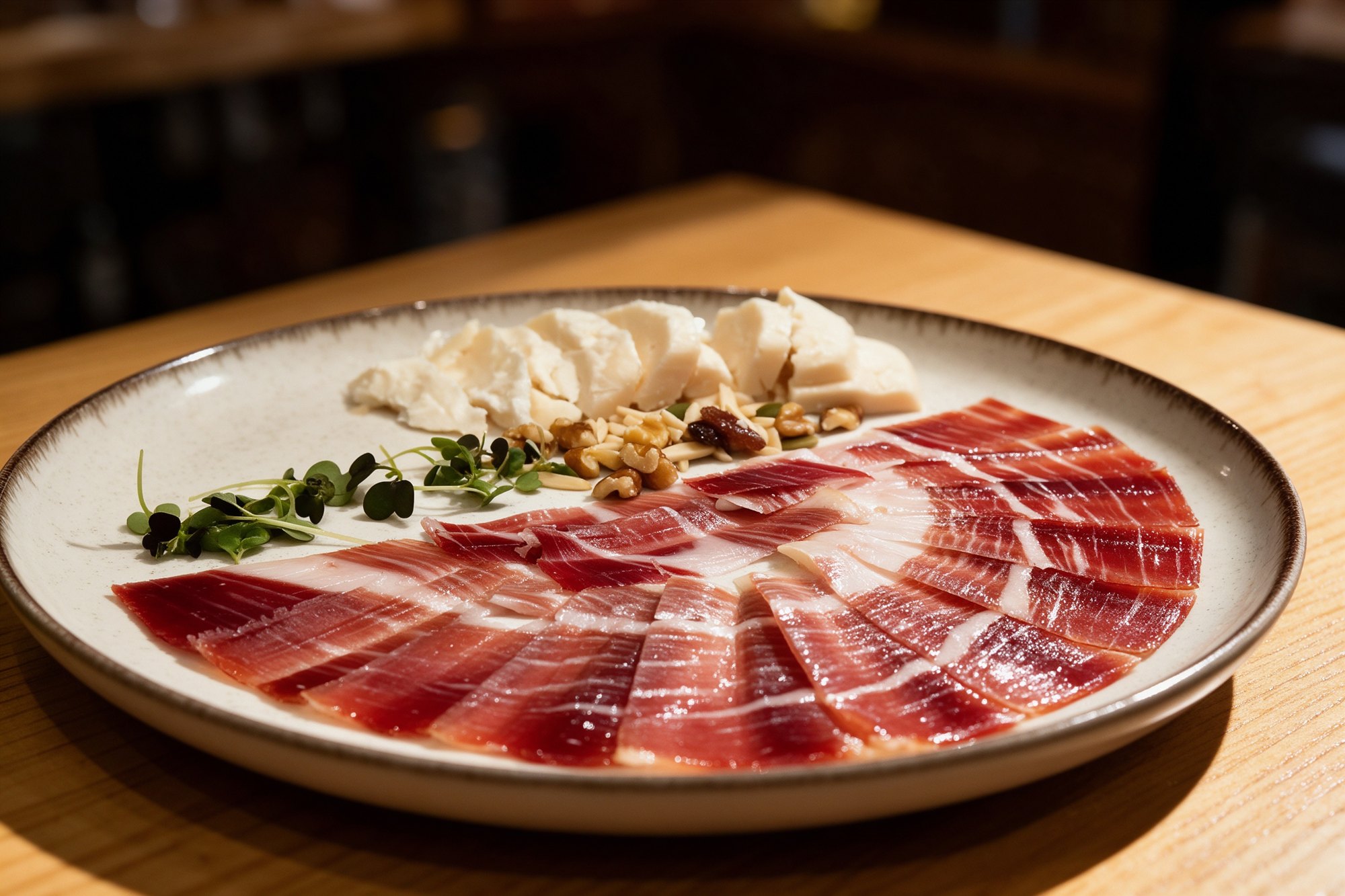 Láminas de jamón ibérico con frutos secos en plato claro