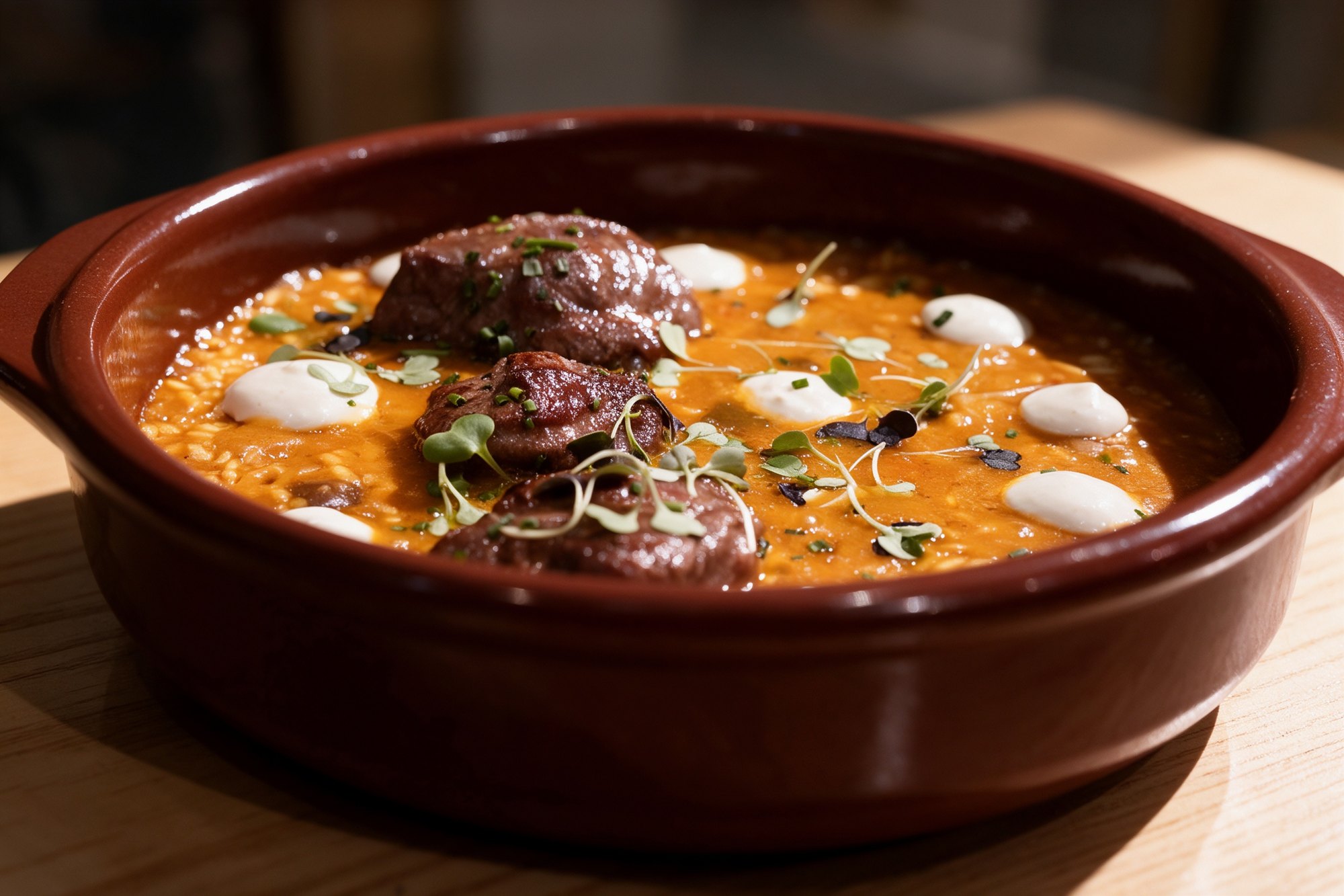 Arroz meloso con carne y alioli en cazuela de barro