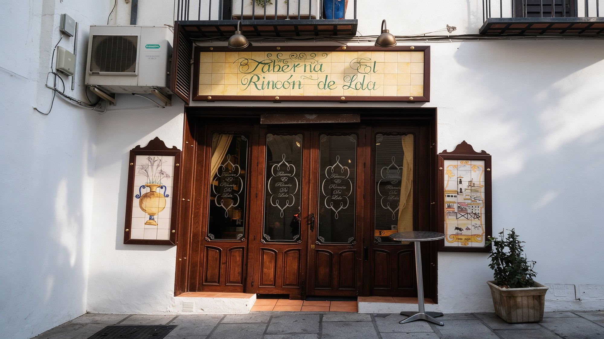 Fachada de la taberna con el rótulo de azulejos amarillos sobre la puerta de madera